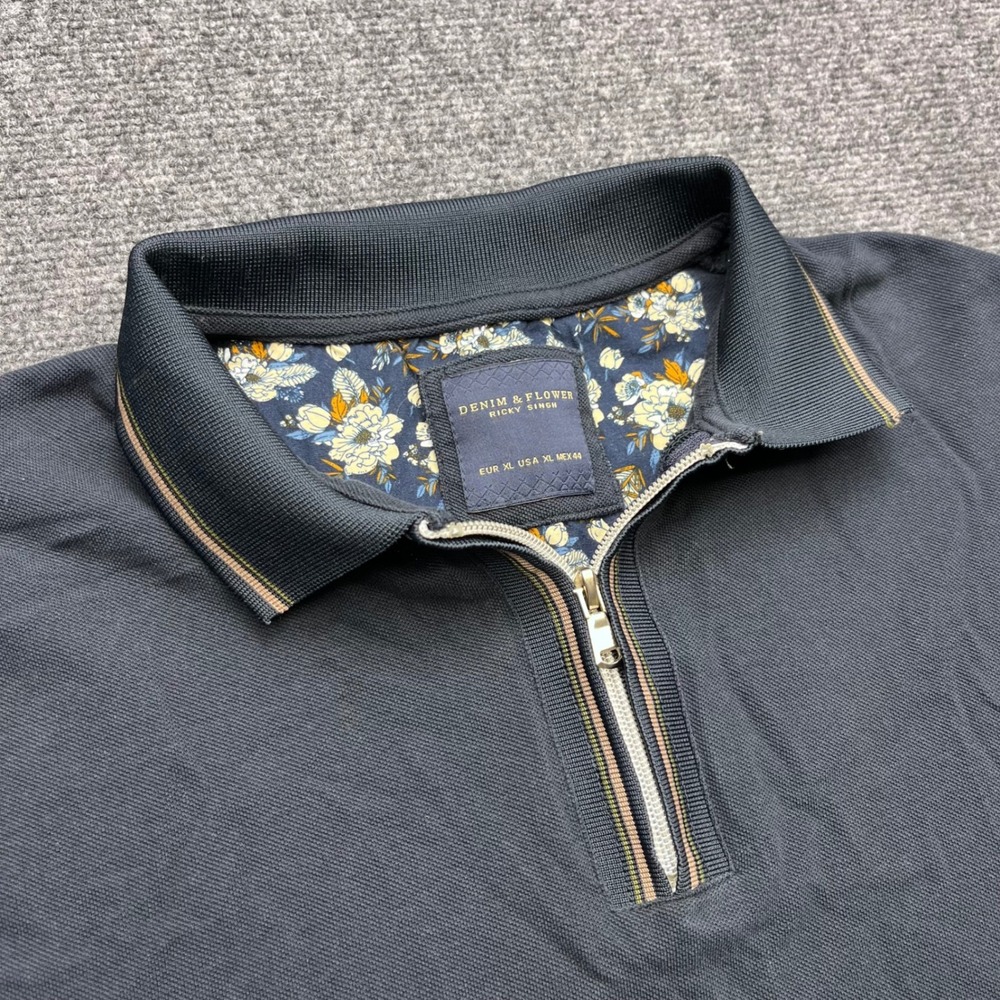Denim & Flower Ricky Singh Quarter Zip Floral Trim Navy Blue Pique Polo Shirt